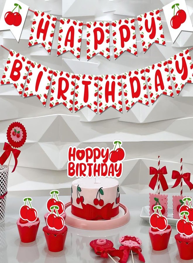 Merrystorm ٤٤ قطعة من زينة حفلات أعياد الميلاد بطابع الكرز، خلفية عيد ميلاد سعيد، لافتة عيد ميلاد سعيد بالكرز، زينة كب كيك بالكرز، بالونات لاتكس بيضاء وحمراء، مستلزمات تزيين حفلات أعياد الميلاد الأولى والثانية والثالثة للبنات - Image 4
